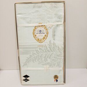 Vtg Linen damask Aqua Tablecloth Napkins Alico Fern Bouquet 52 x 52 Combed Yarn